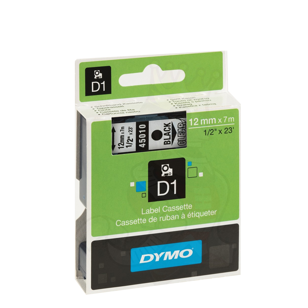 DYMO D1 45010 TAPE 12mmX7m BLACK ON TRANSP.