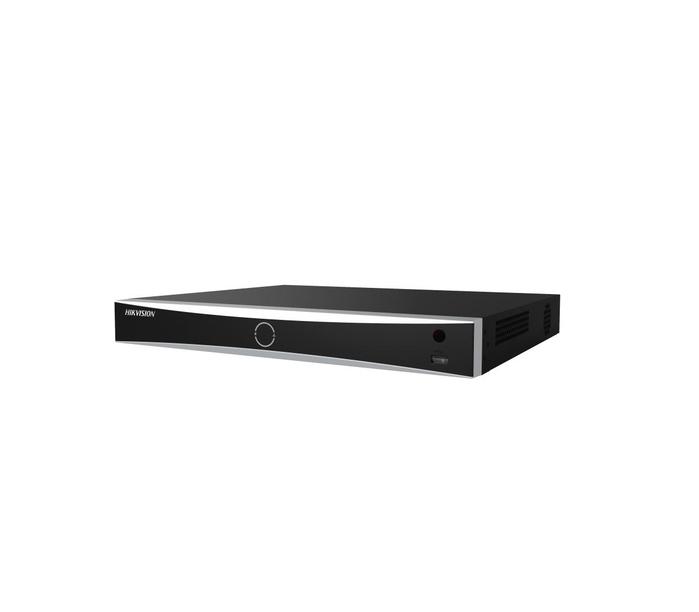 HikVision 32-ch 1U K Series AcuSense 4K NVR, Up to 12 MP (12x1080p/2x12MP), H.265+, 2 SATA HDD up to 16TB each, 2 USB, Video input: HDMI 4K, VGA 1920 x 1080/60 Hz, 12Vdc, 3.3 A
