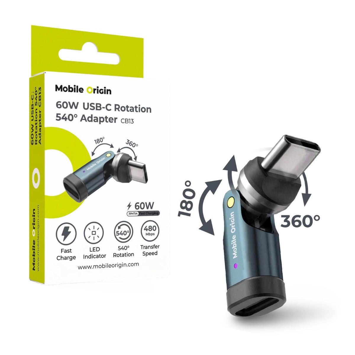 Въртящ адаптер от USB-C женско към USB-C мъжко за мобилни устройства с USB-C порт - Mobile Origin CB13 USB-C to USB-C 540 Rotation Adapter 60W | JAR Computers Въртящ адаптер от USB-C женско към USB-C мъжко за мобилни устройства с USB-C порт - Mobile Origin CB13 USB-C to USB-C 540 Rotation Adapter 60W