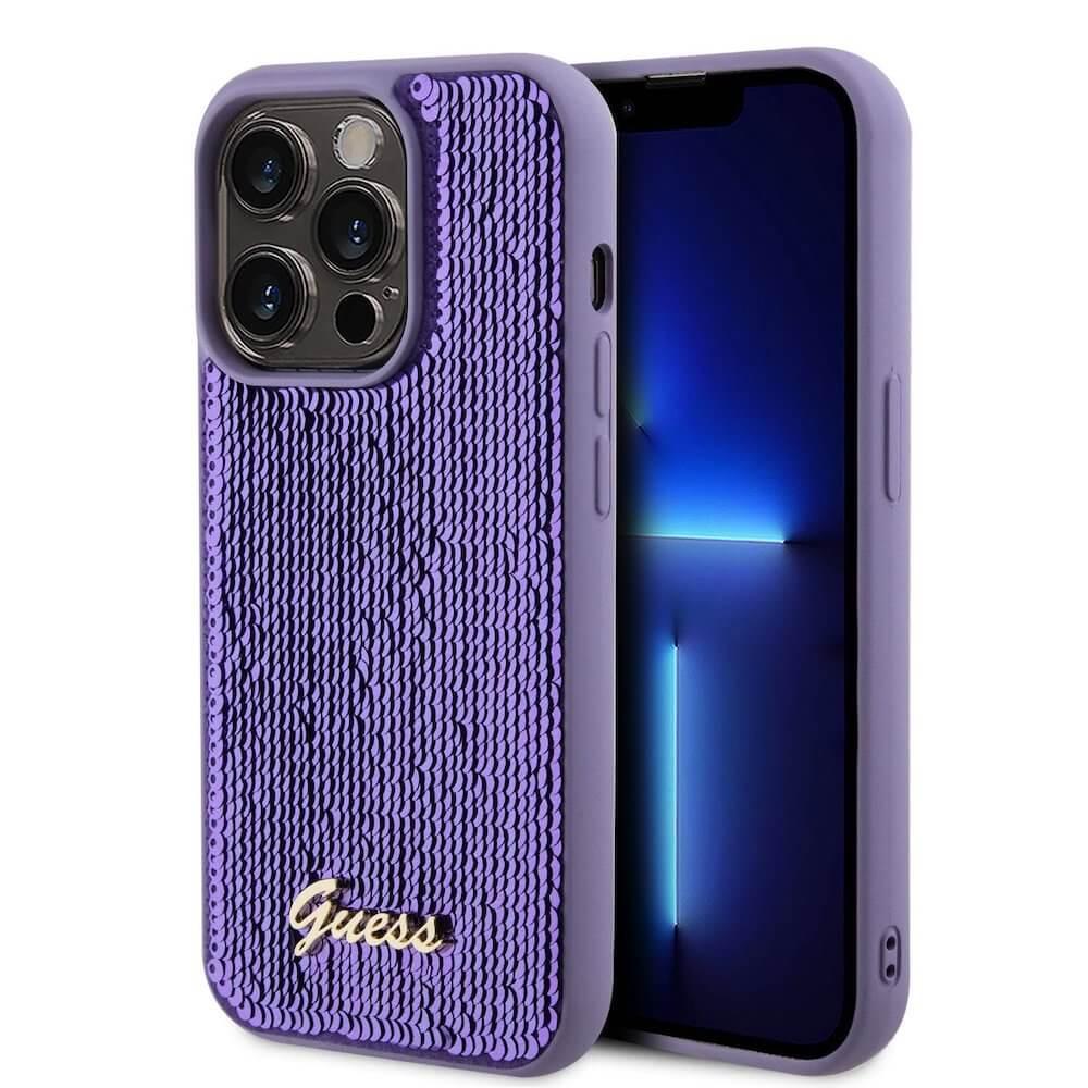 Дизайнерски силиконов кейс за iPhone 15 Pro Max - Guess Sequin Script Logo Case (лилав) | JAR Computers Дизайнерски силиконов кейс за iPhone 15 Pro Max - Guess Sequin Script Logo Case (лилав)