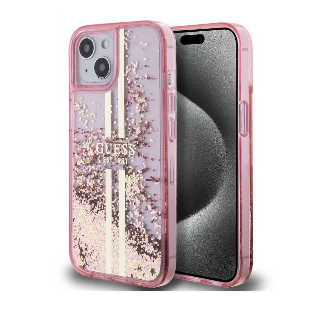 Дизайнерски кейс с висока защита за iPhone 15 - Guess Liquid Glitter Gold Stripe Case (розов) | JAR Computers Дизайнерски кейс с висока защита за iPhone 15 - Guess Liquid Glitter Gold Stripe Case (розов)