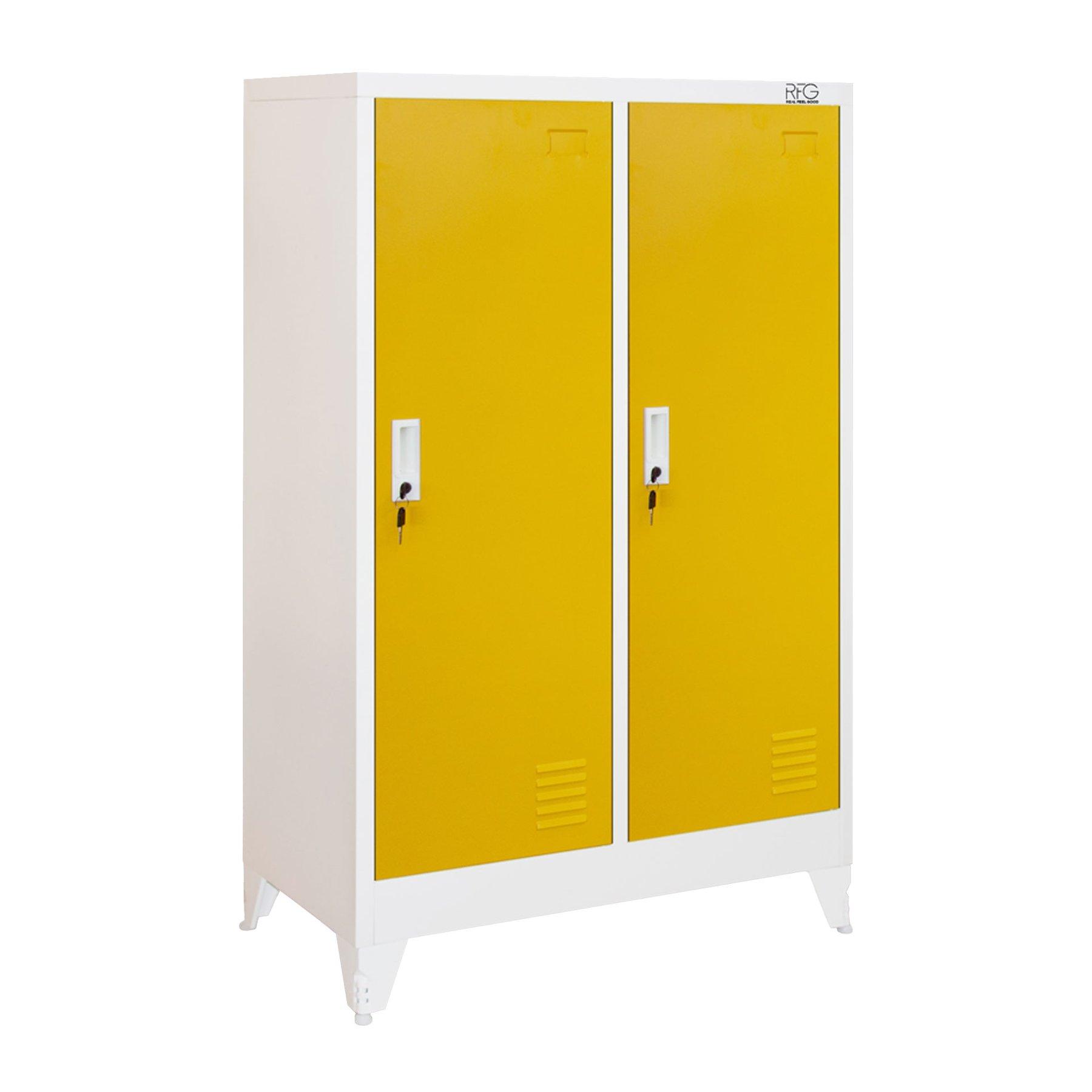 Гардероб RFG, метален, двоен, с две врати, 80 х 40 х 120 cm, бял, с жълти врати