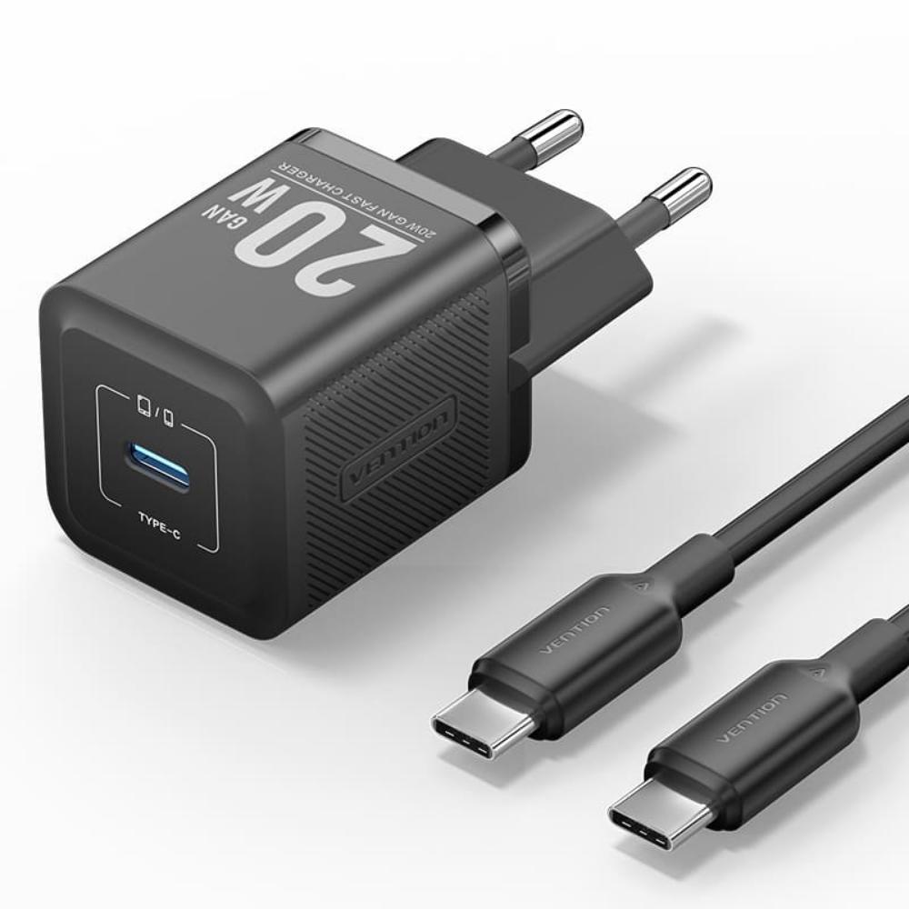 VENTION 1-Port USB-C GaN Charger (20W) with USB-C to USB-C Cable (1M) EU-Plug Black (TZ-FEPB0-EU-01) (VENTZ-FEPB0-EU-01) | JAR Computers VENTION 1-Port USB-C GaN Charger (20W) with USB-C to USB-C Cable (1M) EU-Plug Black (TZ-FEPB0-EU-01) (VENTZ-FEPB0-EU-01)