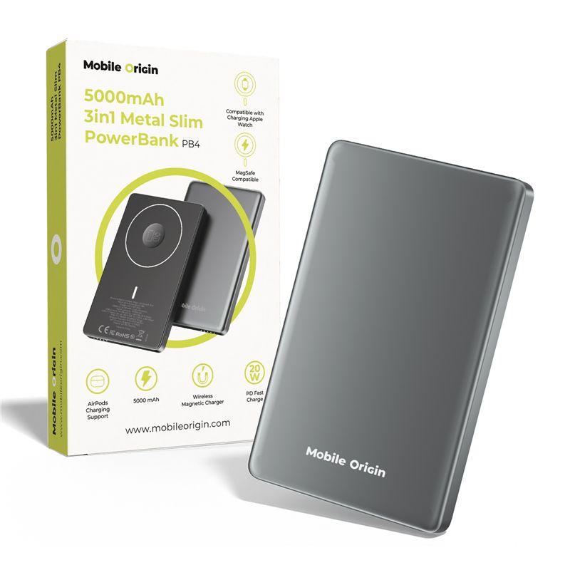 Преносима външна батерия с USB-C порт и безжично зареждане с MagSafe и Apple Watch - Mobile Origin PB4 Metal Slim Magnetic Wireless Charging Power Bank 5000 mAh 20W (тъмносив) | JAR Computers Преносима външна батерия с USB-C порт и безжично зареждане с MagSafe и Apple Watch - Mobile Origin PB4 Metal Slim Magnetic Wireless Charging Power Bank 5000 mAh 20W (тъмносив)