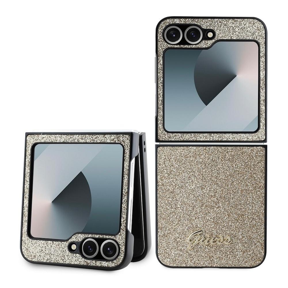 Хибриден удароустойчив кейс за Samsung Galaxy Z Flip6 - Guess Glitter Flakes Metal Logo Case (златист) | JAR Computers Хибриден удароустойчив кейс за Samsung Galaxy Z Flip6 - Guess Glitter Flakes Metal Logo Case (златист)