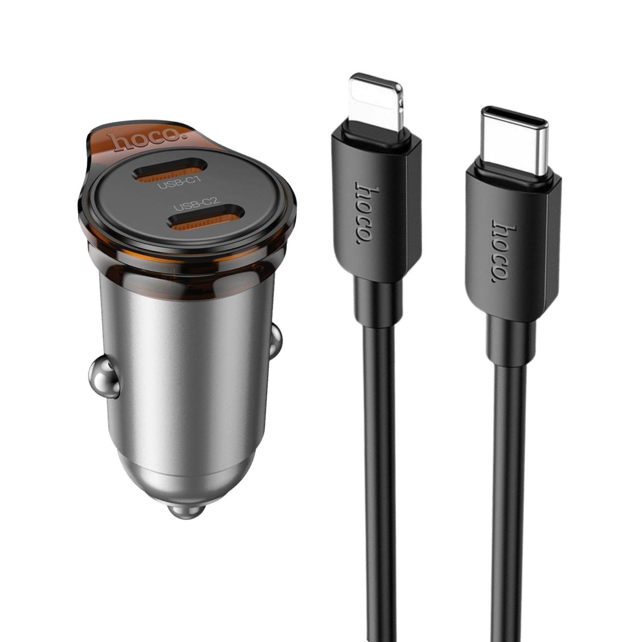 HOCO 12V 45W, 2 x USB-C + кабел Type-C - Lightning, Rigorous /сив/ - NZ16B | JAR Computers HOCO 12V 45W, 2 x USB-C + кабел Type-C - Lightning, Rigorous /сив/ - NZ16B