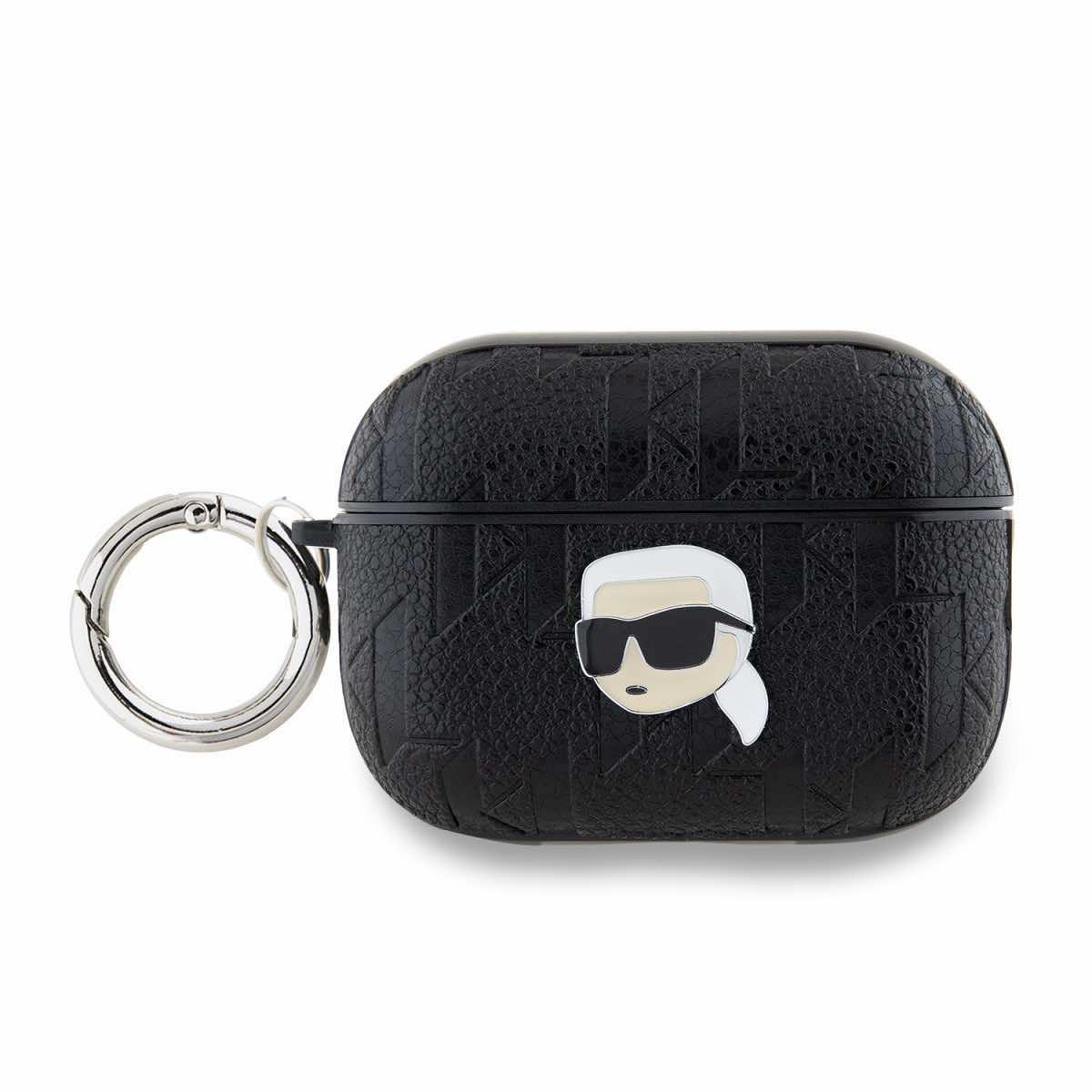 Karl Lagerfeld PU Embossed Karl Head Case - кожен кейс с карабинер за Apple AirPods Pro 2 (черен)