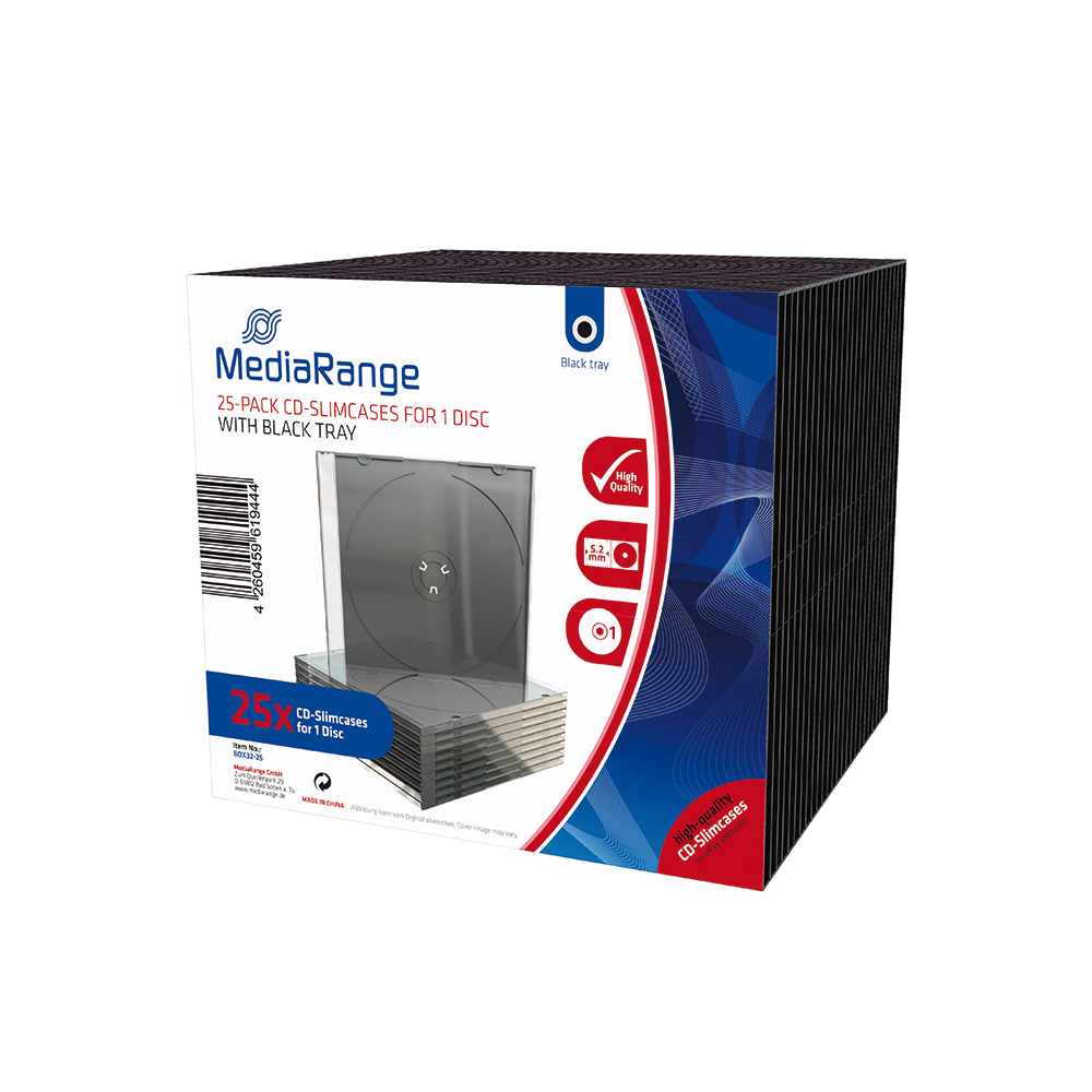 MediaRange 25-Pack CD Slimcases for 1 Disc with black tray (MRBOX32-25) | JAR Computers MediaRange 25-Pack CD Slimcases for 1 Disc with black tray (MRBOX32-25)