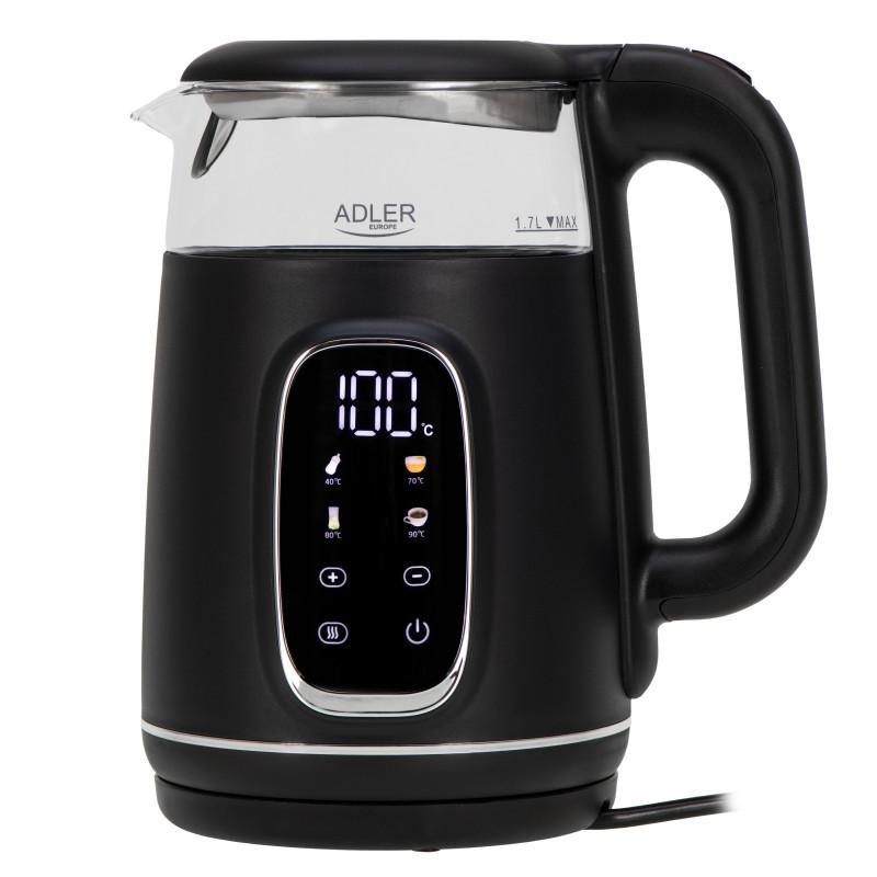 Електрическа кана Adler AD 1305 BS, 1850/2200 W, 1.7 л, Сензорен контрол, Цветен LCD дисплей, Пет температурни настройки 40-100°C, Филтър против утаяване, Черен/сив