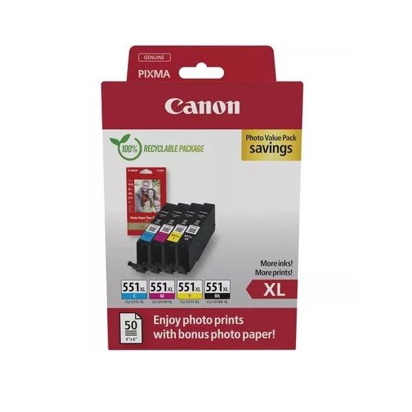 Canon CLI-551XL C/M/Y/BK Photo Value Pack + Canon Photo Paper Variety Pack A4 & 10 x 15cm (VP-101)