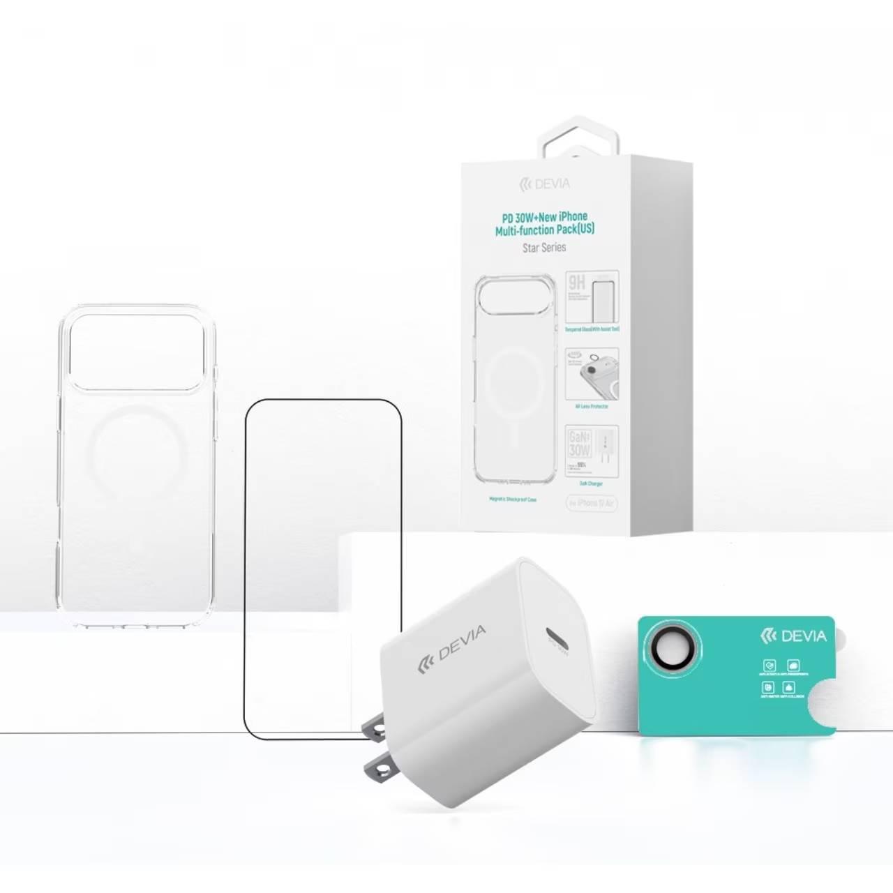 Devia 4-в-1 комплект за iPhone 17 Air с 30W GaN PD зарядно, MagSafe калъф и стъклени протектори | JAR Computers Devia 4-в-1 комплект за iPhone 17 Air с 30W GaN PD зарядно, MagSafe калъф и стъклени протектори