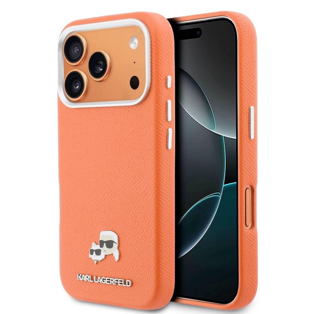 Дизайнерски кожен кейс с MagSafe за iPhone 17 Pro Max - Karl Lagerfeld PU Saffiano Karl and Choupette Heads Pins MagSafe Case (оранжев) | JAR Computers Дизайнерски кожен кейс с MagSafe за iPhone 17 Pro Max - Karl Lagerfeld PU Saffiano Karl and Choupette Heads Pins MagSafe Case (оранжев)
