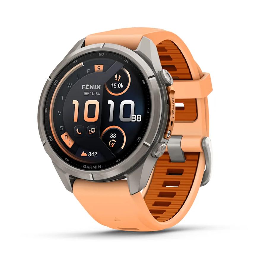 fēnix® 9 Pro, inReach® - 43 мм - Titanium с Shell Pink/Autumn Orange силиконова каишка | JAR Computers fēnix® 9 Pro, inReach® - 43 мм - Titanium с Shell Pink/Autumn Orange силиконова каишка