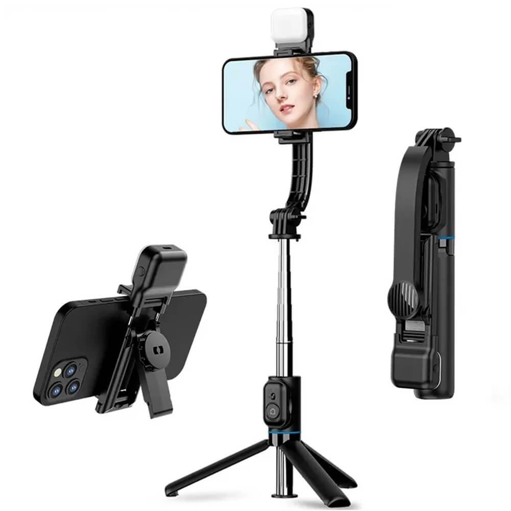Techsuit C01s Selfie Stick Telescopic Tripod with LED Light And Bluetooth Remote - разтегаем безжичен селфи стик и трипод с LED светлина за мобилни телефони (черен)