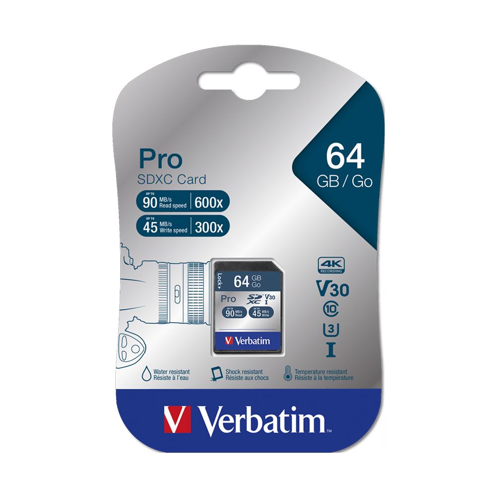 Verbatim Карта памет SDXC Pro Secure, 64 GB, class 10 | JAR Computers Verbatim Карта памет SDXC Pro Secure, 64 GB, class 10