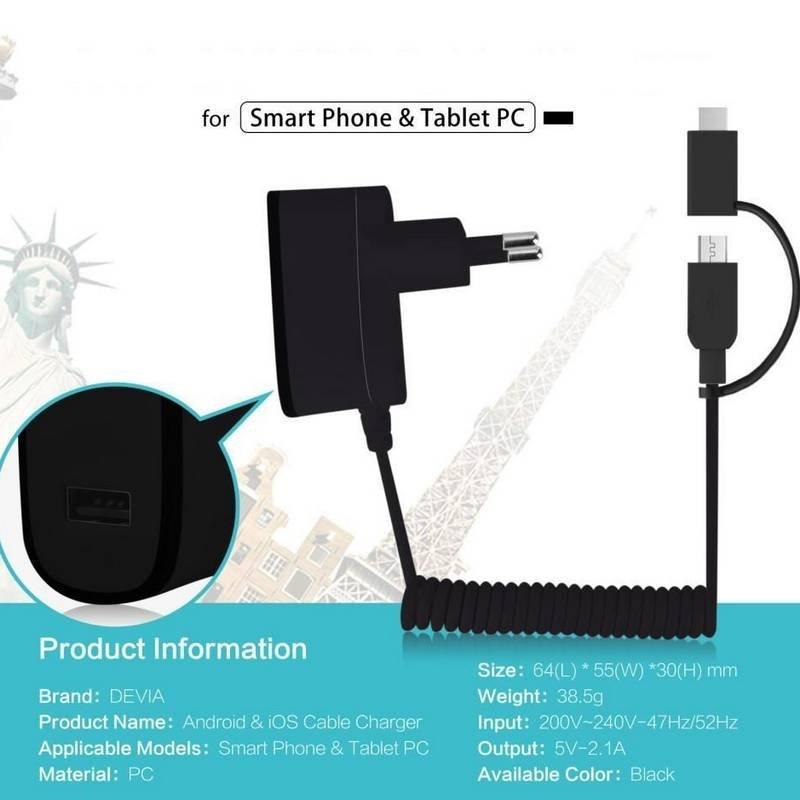 Зарядно устройство DEVIA 220V за microUSB/Type C, 2.1A | JAR Computers Зарядно устройство DEVIA 220V за microUSB/Type C, 2.1A