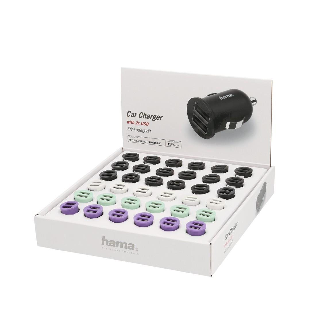 Зарядно за кола HAMA, 2 x USB, 2.4 A, Различни цветове | JAR Computers Зарядно за кола HAMA, 2 x USB, 2.4 A, Различни цветове