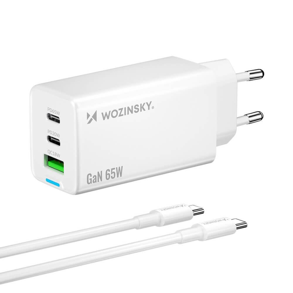 Захранване за ел. мрежа за мобилни устройства с USB-A и 2xUSB-C изходи с технология за бързо зареждане - Wozinsky GaN Fast Wall Charger 65W (бял) | JAR Computers Захранване за ел. мрежа за мобилни устройства с USB-A и 2xUSB-C изходи с технология за бързо зареждане - Wozinsky GaN Fast Wall Charger 65W (бял)