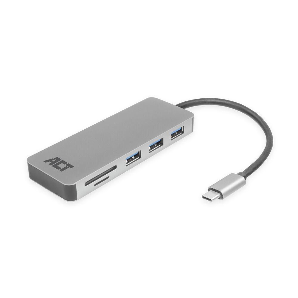 ACT AC7050 USB-C хъб 3.0, 3× USB-A, четец за карти, PD pass-through, алуминиев корпус | JAR Computers ACT AC7050 USB-C хъб 3.0, 3× USB-A, четец за карти, PD pass-through, алуминиев корпус