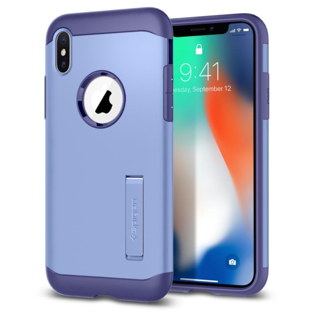 Хибриден кейс с поставка и най-висока степен на защита за iPhone XS, iPhone X - Spigen Slim Armor Case (лилав) | JAR Computers Хибриден кейс с поставка и най-висока степен на защита за iPhone XS, iPhone X - Spigen Slim Armor Case (лилав)