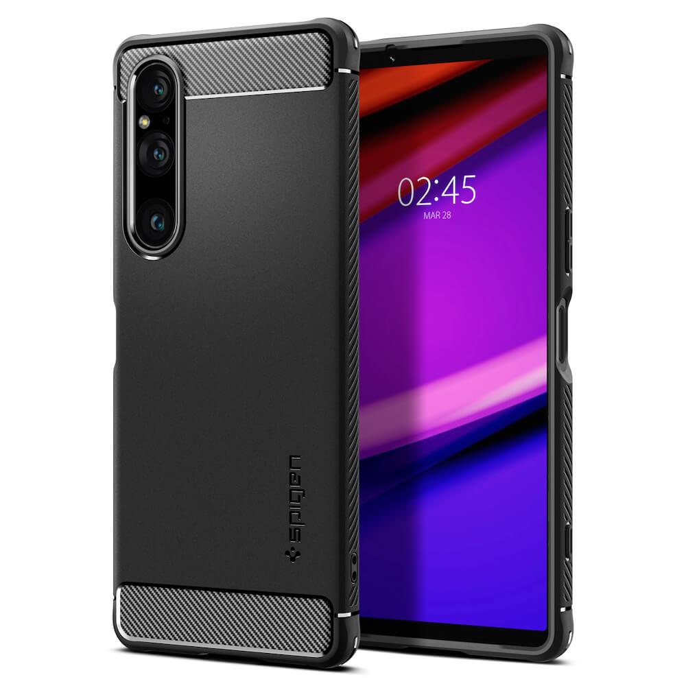 Тънък качествен силиконов (TPU) калъф за Sony Xperia 1 V - Spigen Rugged Armor Case (черен) | JAR Computers Тънък качествен силиконов (TPU) калъф за Sony Xperia 1 V - Spigen Rugged Armor Case (черен)