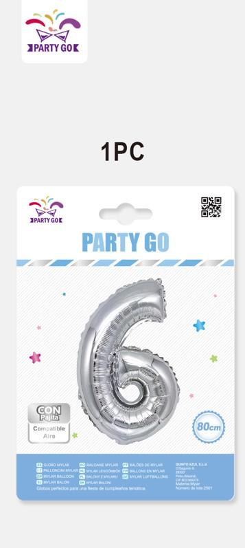 Фолиев балон PartyGo, 80см, сребърен, цифра 6 | JAR Computers Фолиев балон PartyGo, 80см, сребърен, цифра 6