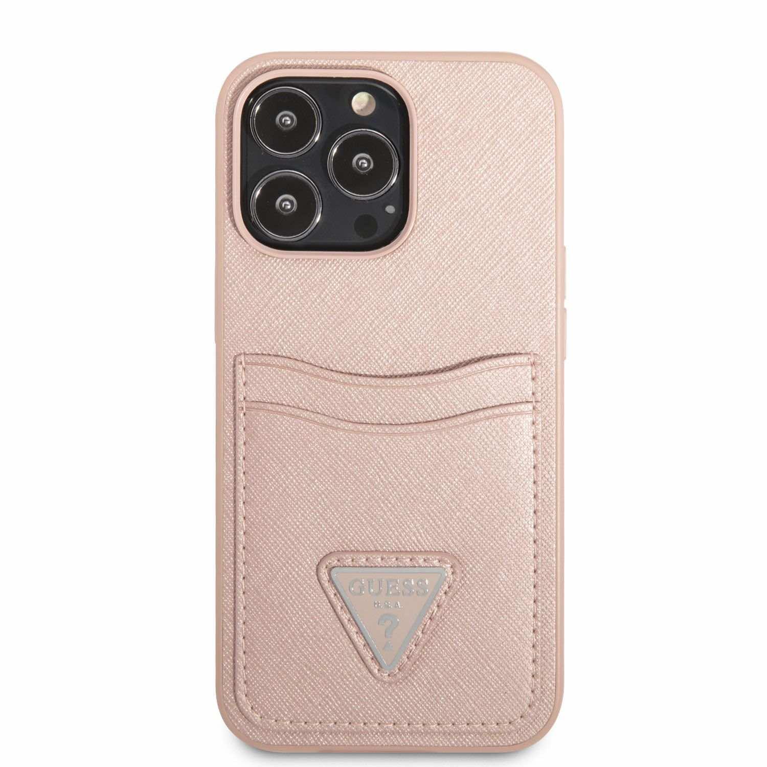 Дизайнерски кожен кейс с джоб за карти за iPhone 13 Pro Max - Guess Saffiano Double Card PU Leather Hard Case (розов) | JAR Computers Дизайнерски кожен кейс с джоб за карти за iPhone 13 Pro Max - Guess Saffiano Double Card PU Leather Hard Case (розов)