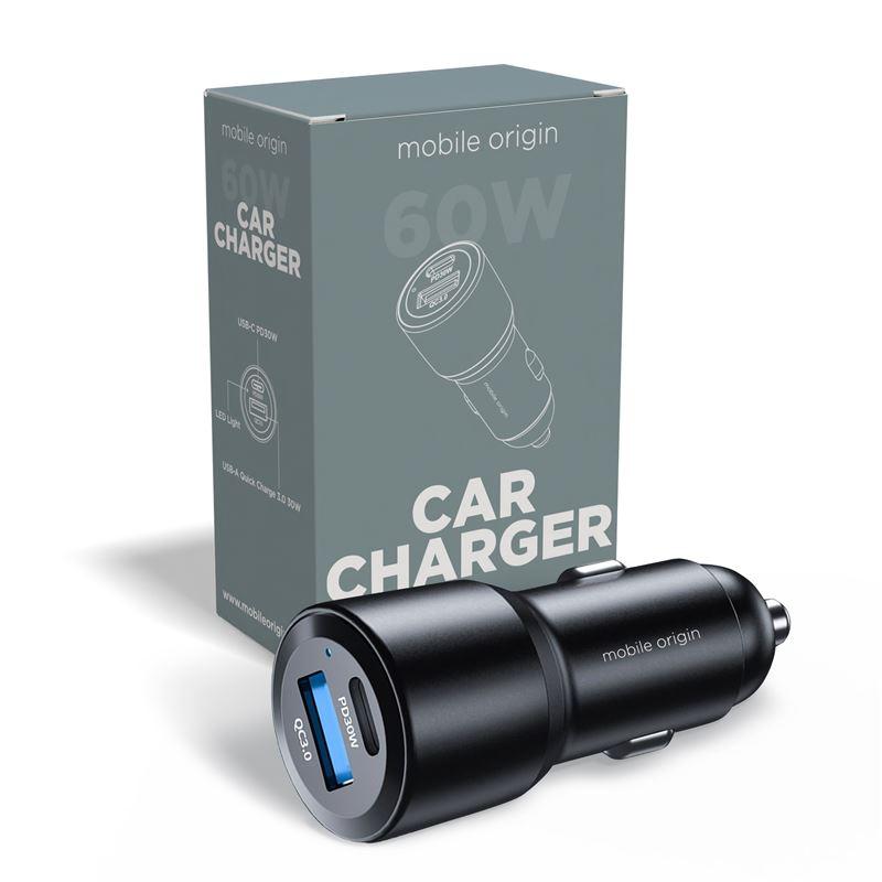 Mobile Origin Dual Quick Car Charger 60W - зарядно за кола с USB-A и USB-C изходи с технология за бързо зареждане (черен)