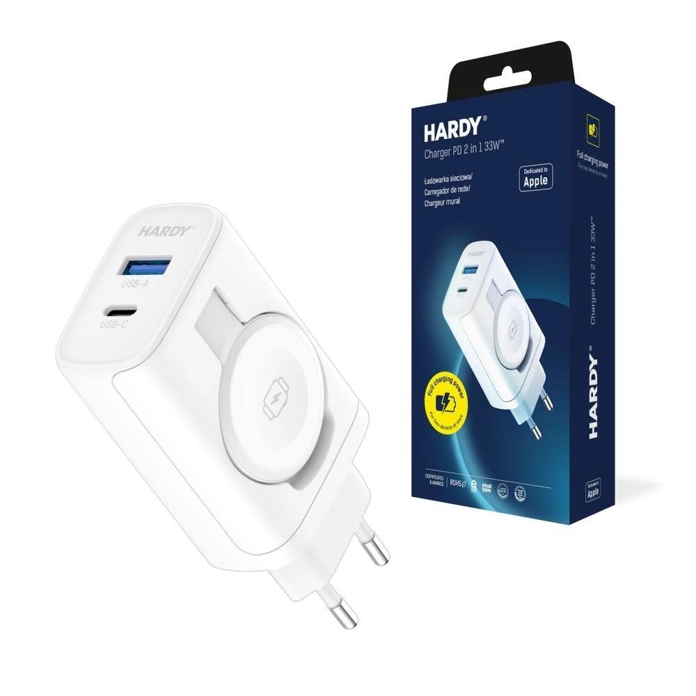 Захранване за ел. мрежа с USB-A и USB-C изходи и зареждане на Apple Watch - Hardy 2in1 GaN Fast Wall Charger 33W (бял) | JAR Computers Захранване за ел. мрежа с USB-A и USB-C изходи и зареждане на Apple Watch - Hardy 2in1 GaN Fast Wall Charger 33W (бял)