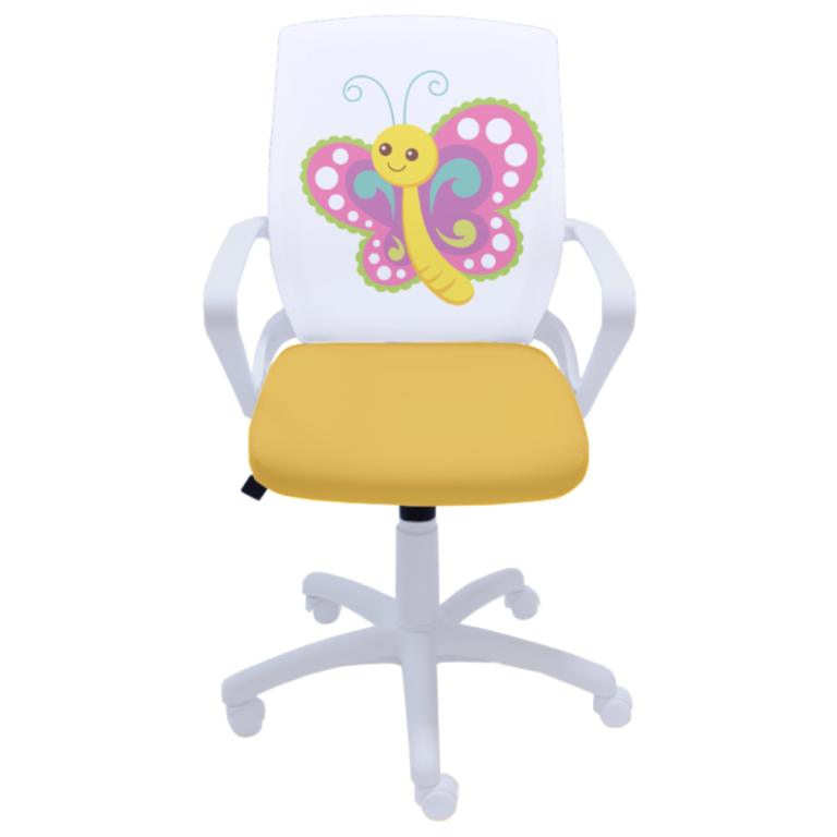 Ученически стол Fly White Butterfly, дамаска и мрежа, бяла РР база, фиксирани подлакътници, жълт | JAR Computers Ученически стол Fly White Butterfly, дамаска и мрежа, бяла РР база, фиксирани подлакътници, жълт