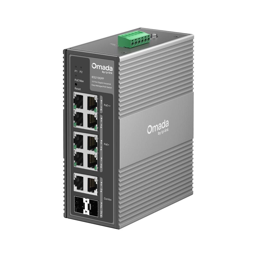 10-портов гигабитов индустриален лесно управляем комутатор TP-Link Omada IES210GPP с 6 PoE+ порта и 2 PoE++ порта