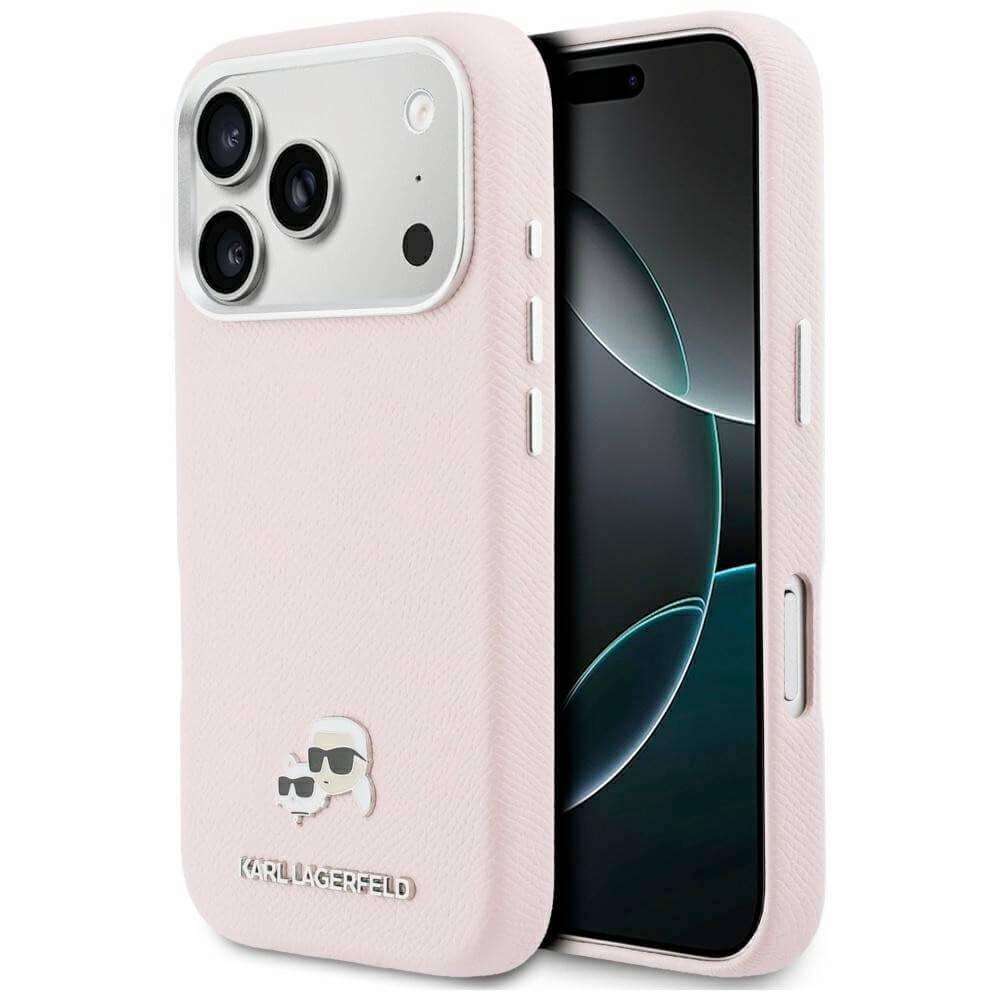 Дизайнерски кожен кейс с MagSafe за iPhone 17 Pro Max - Karl Lagerfeld PU Saffiano Karl and Choupette Heads Pins MagSafe Case (розов) | JAR Computers Дизайнерски кожен кейс с MagSafe за iPhone 17 Pro Max - Karl Lagerfeld PU Saffiano Karl and Choupette Heads Pins MagSafe Case (розов)
