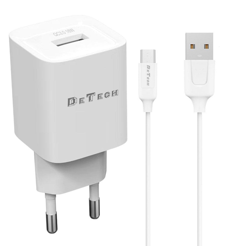 Мрежово зарядно устройство DeTech DE-62C, 18W, 1 x USB F, С кабел Type-C, QC, Бял - 40548 | JAR Computers Мрежово зарядно устройство DeTech DE-62C, 18W, 1 x USB F, С кабел Type-C, QC, Бял - 40548