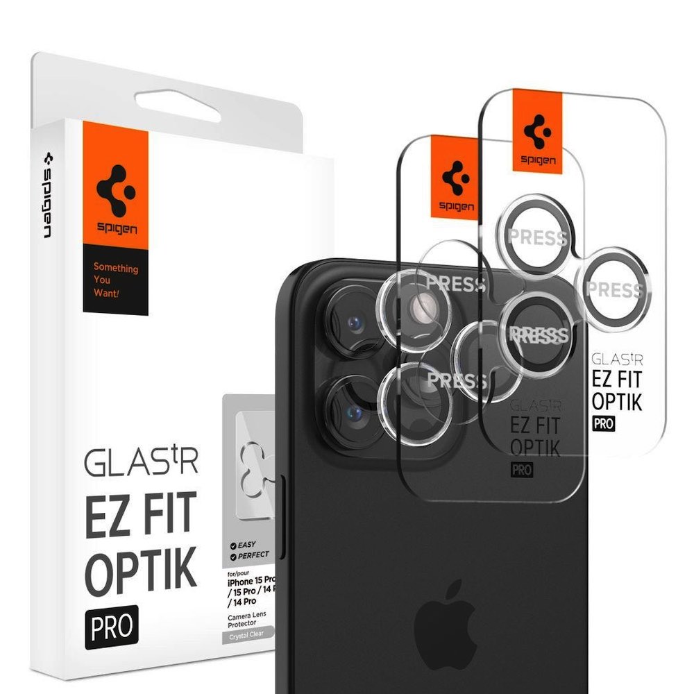 Spigen Optik Pro tR Ez Fit Lens Protector 2 Pack - 2 комплекта предпазни стъклени лещи за камерата на iPhone 15 Pro, iPhone 15 Pro Max, iPhone 14 Pro, iPhone 14 Pro Max (прозрачен)