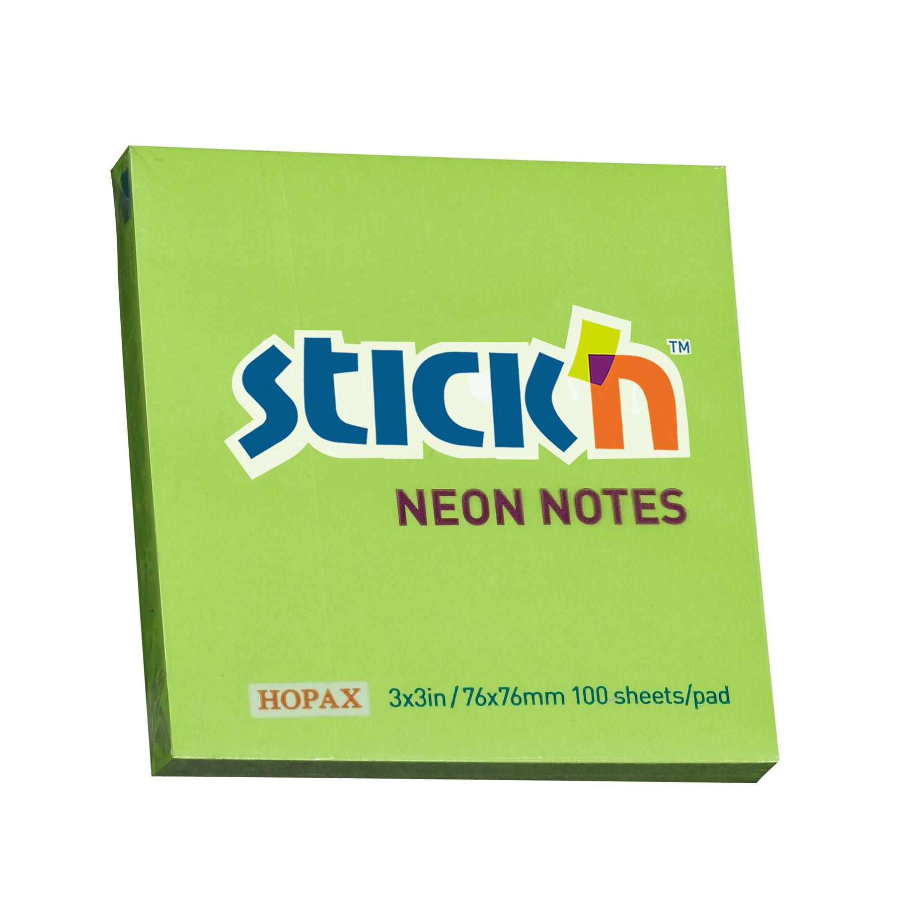Stick'n Самозалепващи се листчета, 76x76 mm, неонови, зелени, 100 листа