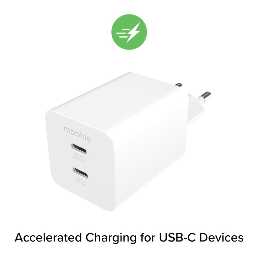 Зарядно Mophie Essentials Power Adapter Dual USB-C-PD-50W-White-EU