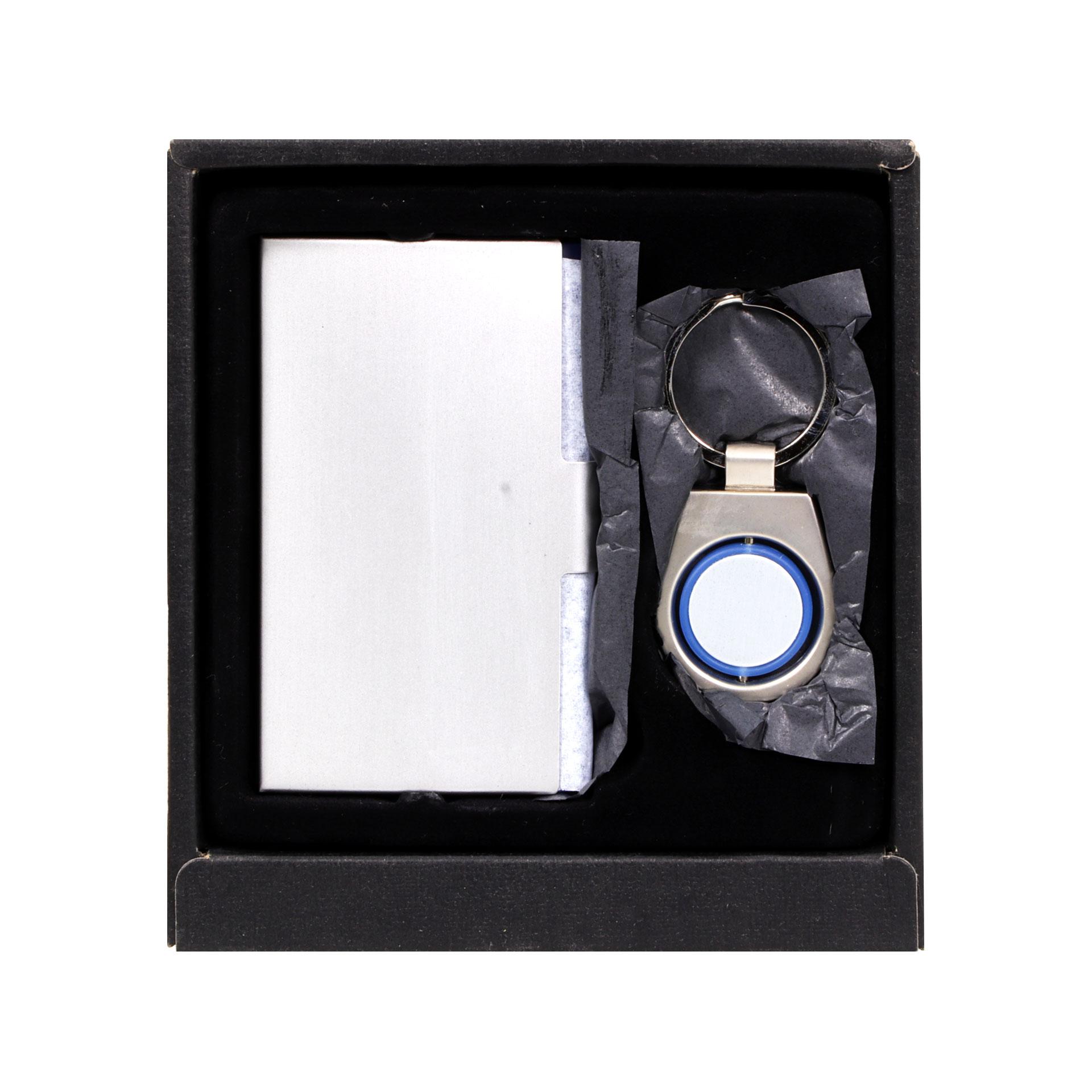 Комплект кутия за визитки и ключодържател, синьо-сребристи