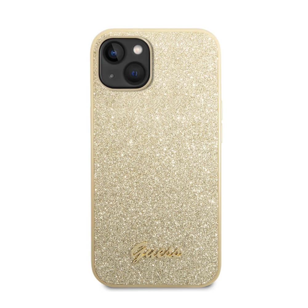 Хибриден удароустойчив кейс за iPhone 14 Plus - Guess Glitter Flakes Metal Logo Case (златист) | JAR Computers Хибриден удароустойчив кейс за iPhone 14 Plus - Guess Glitter Flakes Metal Logo Case (златист)