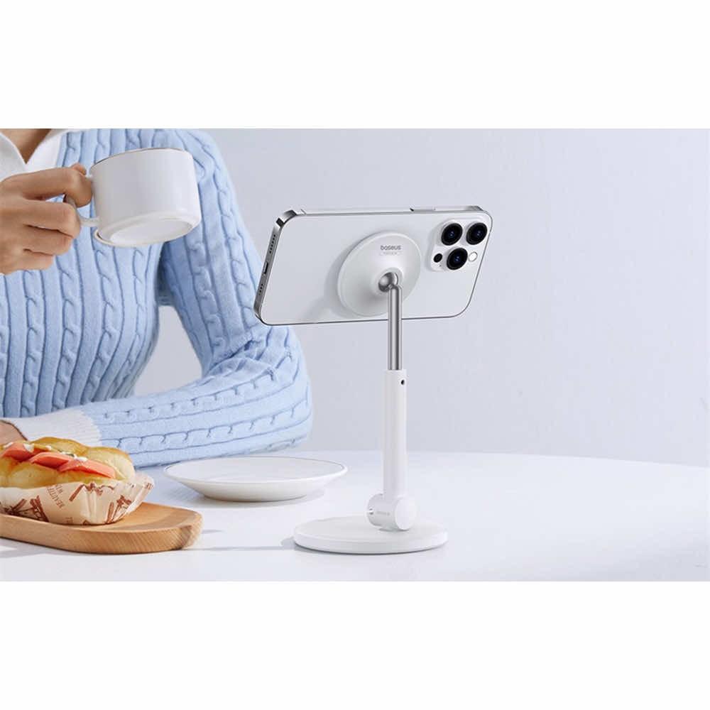 Магнитна поставка за бюро за iPhone с MagSafe и други смартфони - Baseus MagPro Magnetic Desktop Phone Stand (бял) | JAR Computers Магнитна поставка за бюро за iPhone с MagSafe и други смартфони - Baseus MagPro Magnetic Desktop Phone Stand (бял)
