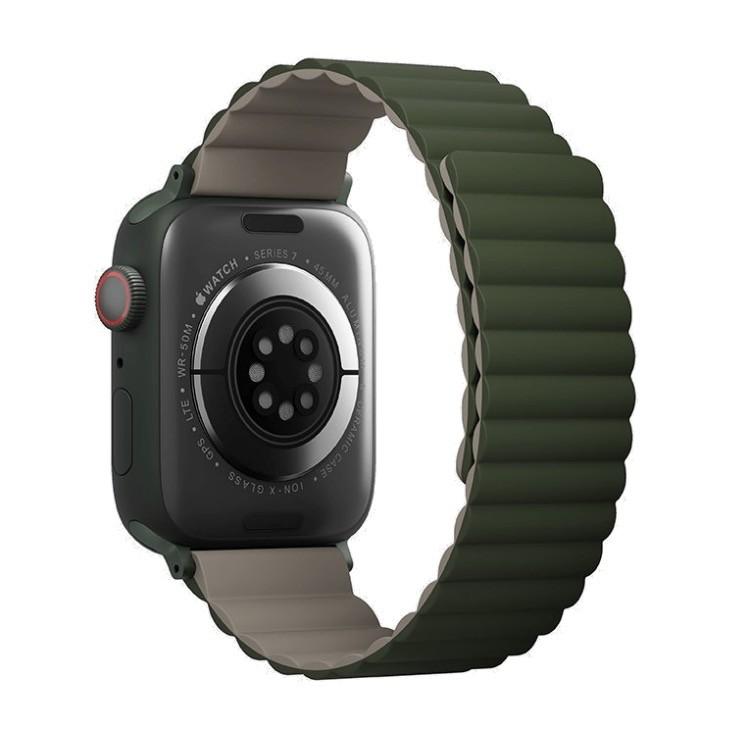Двулицева магнитна силиконова каишка за Apple Watch 38мм, 40мм, 41мм, 42мм (2024) - Uniq Revix Silicone Magnetic Strap (зелен-кафяв) | JAR Computers Двулицева магнитна силиконова каишка за Apple Watch 38мм, 40мм, 41мм, 42мм (2024) - Uniq Revix Silicone Magnetic Strap (зелен-кафяв)