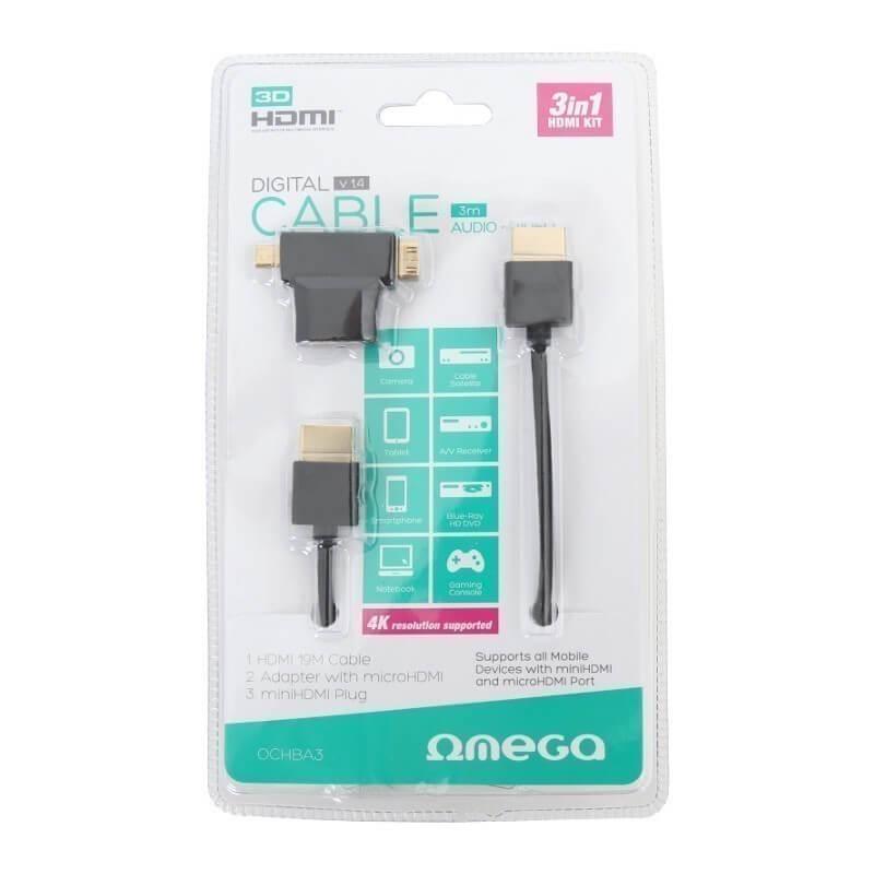 HDMI кабел с адаптер към microHDMI и miniHDMI стандарти - Omega HDMI Cable V.1.4 + Adaptor To miniHDMI And microHDMI (3 метра) | JAR Computers HDMI кабел с адаптер към microHDMI и miniHDMI стандарти - Omega HDMI Cable V.1.4 + Adaptor To miniHDMI And microHDMI (3 метра)