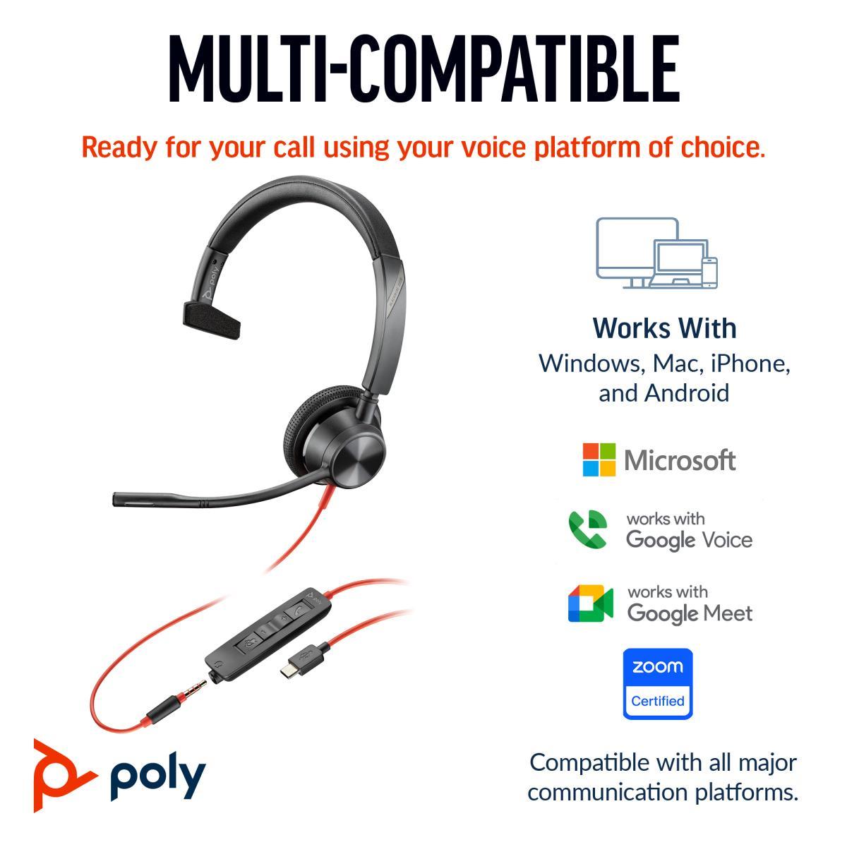 HP Poly Blackwire 3315 Monaural USB-C Headset +3.5mm Plug +USB-C/A Adapter | JAR Computers HP Poly Blackwire 3315 Monaural USB-C Headset +3.5mm Plug +USB-C/A Adapter