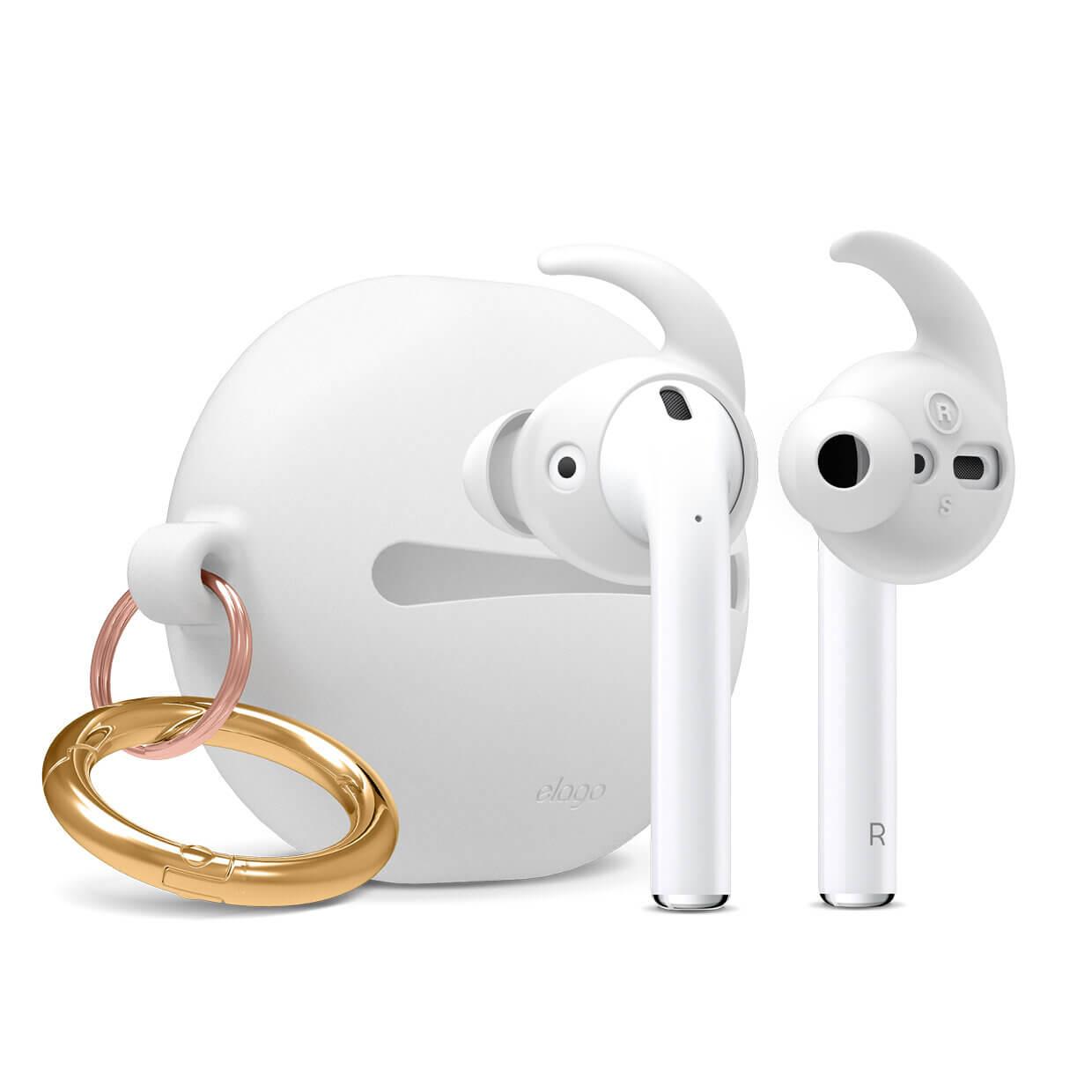 Силиконов калъф с карабинер и силиконови накрайници за Apple Airpods и Apple Airpods 2 - Elago Airpods Hook Cover with Carrying Pouch Case (бял-фосфор) | JAR Computers Силиконов калъф с карабинер и силиконови накрайници за Apple Airpods и Apple Airpods 2 - Elago Airpods Hook Cover with Carrying Pouch Case (бял-фосфор)