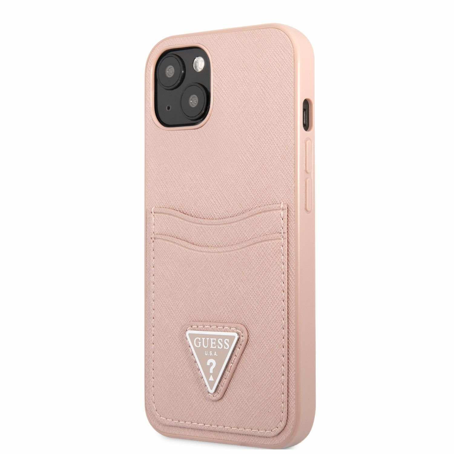 Дизайнерски кожен кейс с джоб за карти за iPhone 13 - Guess Saffiano Double Card PU Leather Hard Case (розов) | JAR Computers Дизайнерски кожен кейс с джоб за карти за iPhone 13 - Guess Saffiano Double Card PU Leather Hard Case (розов)