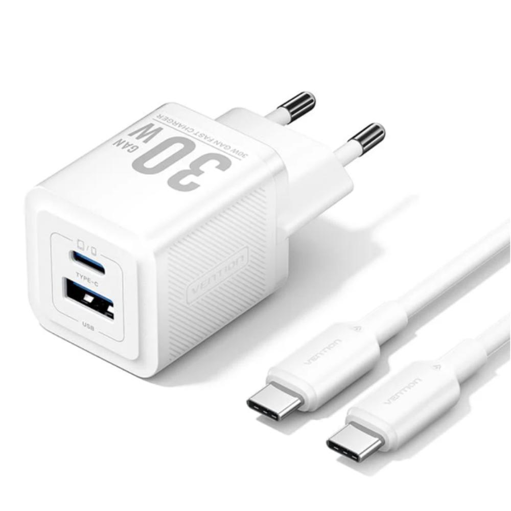 VENTION 2-Port USB (C + A) GaN Charger (30W/30W) with USB-C to USB-C Cable (1M) EU-Plug White (TZ-FEQW0-EU-01) (VENTZ-FEQW0-EU-01) | JAR Computers VENTION 2-Port USB (C + A) GaN Charger (30W/30W) with USB-C to USB-C Cable (1M) EU-Plug White (TZ-FEQW0-EU-01) (VENTZ-FEQW0-EU-01)
