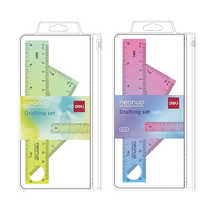 Комплект за чертане Deli Neonup EH652, линия 15 см, 2 триъгълника, транспортир, цветни | JAR Computers Комплект за чертане Deli Neonup EH652, линия 15 см, 2 триъгълника, транспортир, цветни