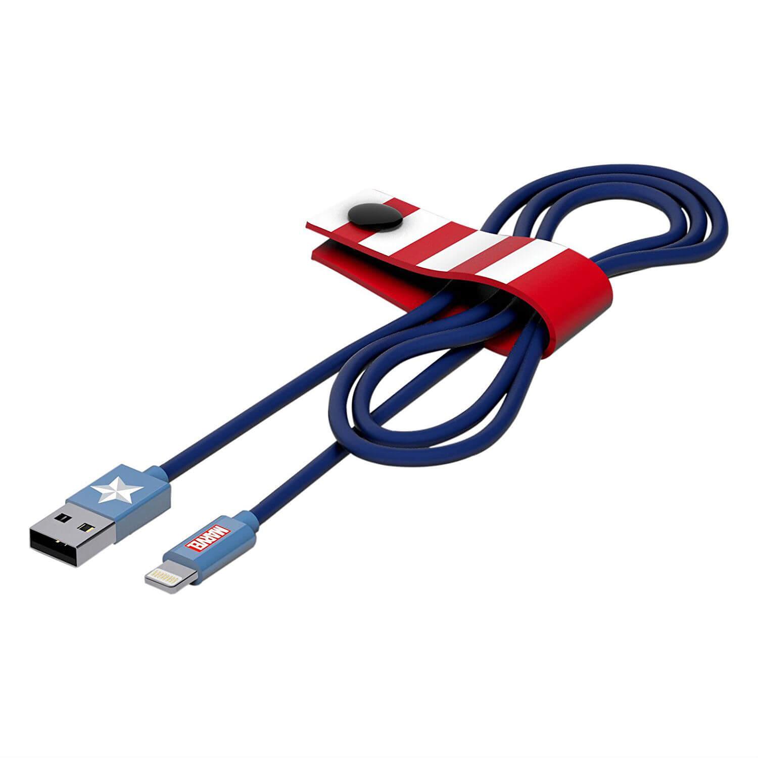 Сертифициран Lightning кабел за iPhone, iPad и iPod с Lightning (120 см) - USB Tribe Marvel Captain America Lightning Cable | JAR Computers Сертифициран Lightning кабел за iPhone, iPad и iPod с Lightning (120 см) - USB Tribe Marvel Captain America Lightning Cable