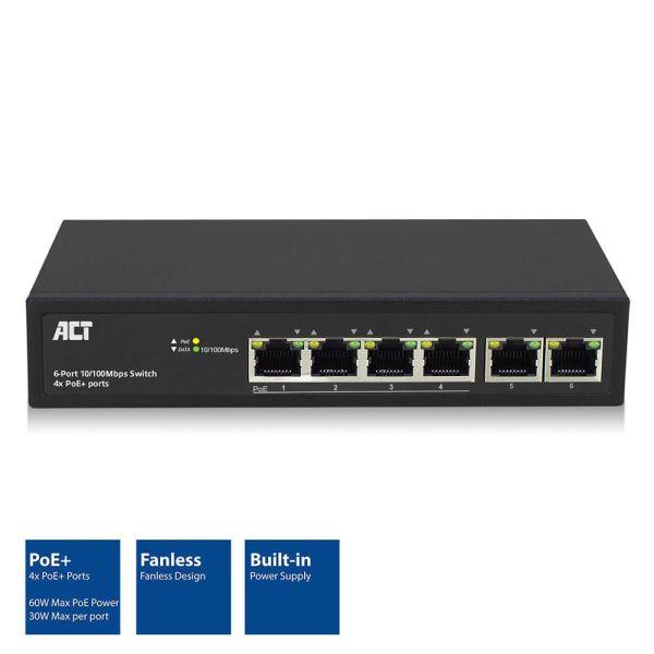 ACT AC4430 6-портов мрежов PoE+ суич, 10/100 Mbps, 4x PoE+ | JAR Computers ACT AC4430 6-портов мрежов PoE+ суич, 10/100 Mbps, 4x PoE+