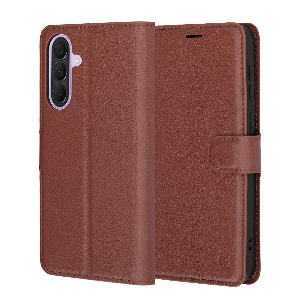 Кожен калъф с поставка и отделение за кр. карти за Samsung Galaxy A57 5G - Techsuit Leather Folio (кафяв) | JAR Computers Кожен калъф с поставка и отделение за кр. карти за Samsung Galaxy A57 5G - Techsuit Leather Folio (кафяв)