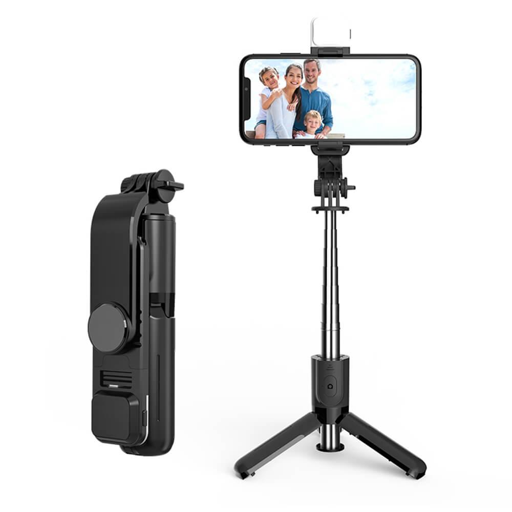 Techsuit L11s Selfie Stick Telescopic Tripod with LED Light And Bluetooth Remote - разтегаем безжичен селфи стик и трипод с LED светлина за мобилни телефони (черен)